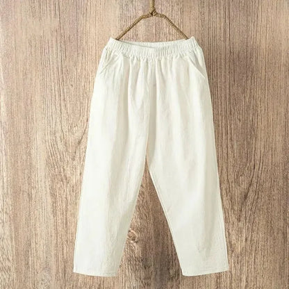 Women Casual Loose Harem Elastic Waist Cotton Linen Pants Ninth Trousers