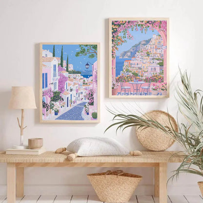1pc Modern Cityscape Travel Mural Pink Flowers Nature Landscape Buildings Art Poster European City Mural Unframed Home Decor