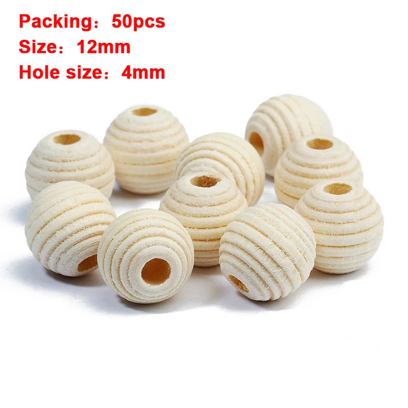 Wooden beads with textured surface and holes on a white background, labeled with size and quantity information.