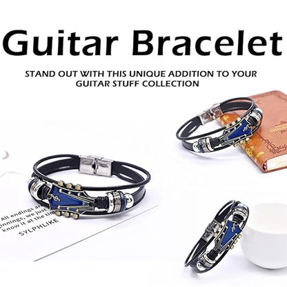 Guitar bracelet with blue accents on a white surface with text about it being a unique addition to guitar stuff collection.