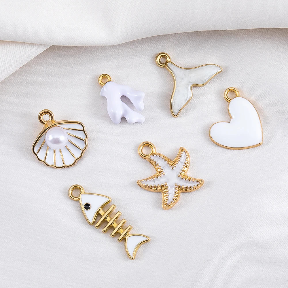 Ocean Charms | 10 White Enamel Sea Life Pendants | Shell, Coral, Fish & Heart DIY Jewelry Supplies