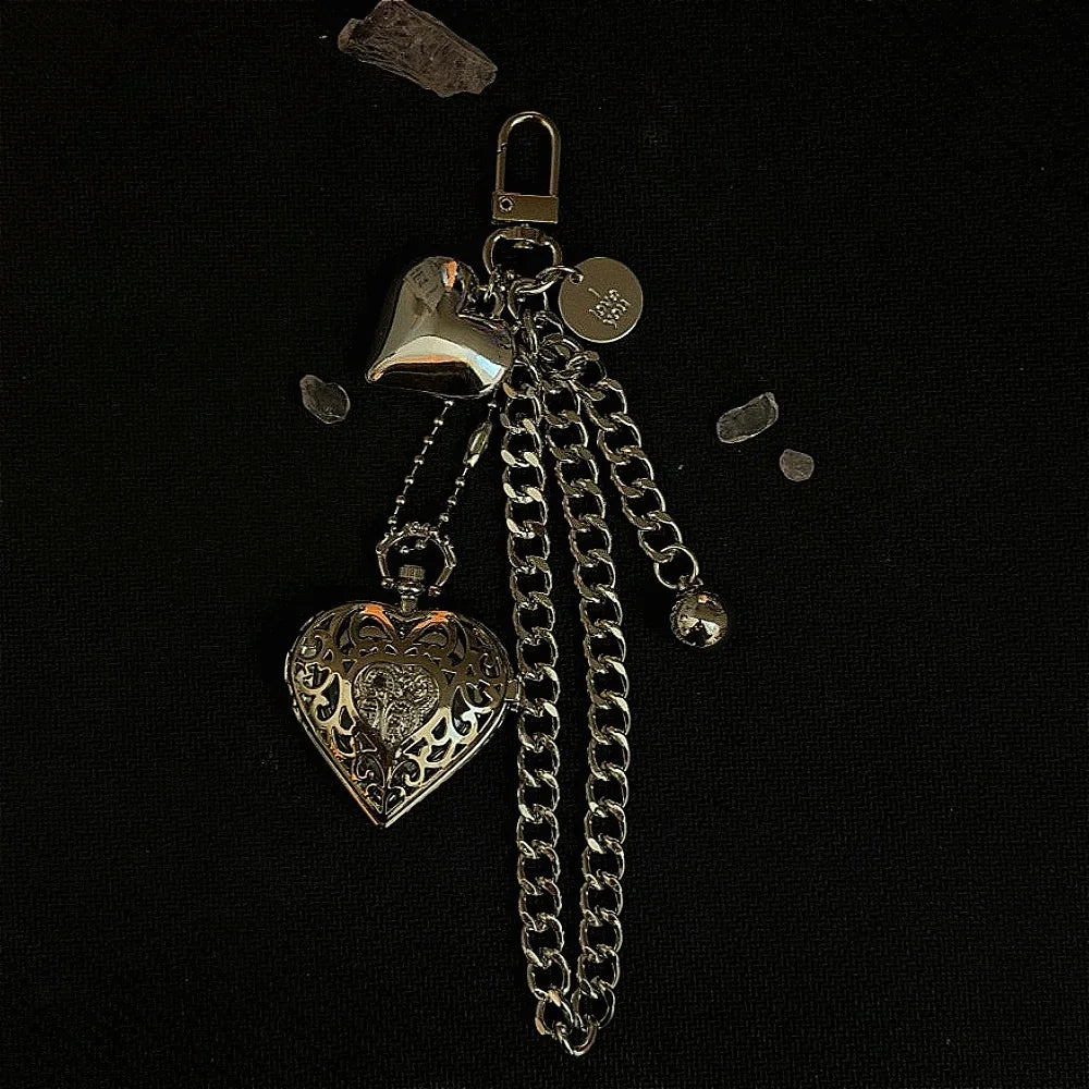 Heart Watch Bag Charm | Functional Clock Keychain | Purse & Backpack Charm with Heart, Key & Crystal Accents