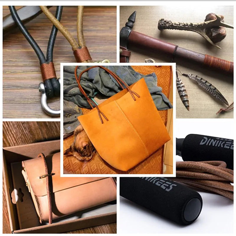 A collage of leather goods: a central mustard-orange tote bag, a tan leather pouch in a box, black cylindrical accessories with white DINKEEZ branding, and other leather items on a wood and neutral background.
