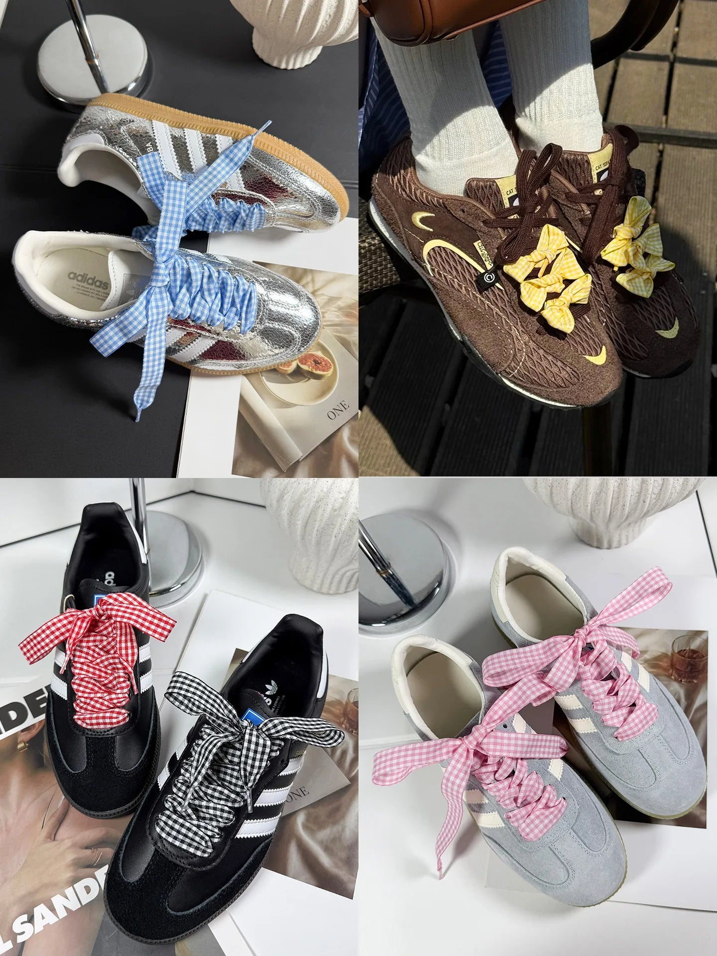 Luxury Pastel Gingham Ribbon Shoelaces | Cute Wide Flat Bow Laces for Sneakers | 1 Pair