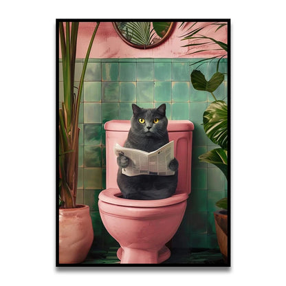 Bathroom Cat Reading on Toilet Canvas Wall Art Print Poster Funny Animal Decor Painting Home Room Decor Gift Unframed