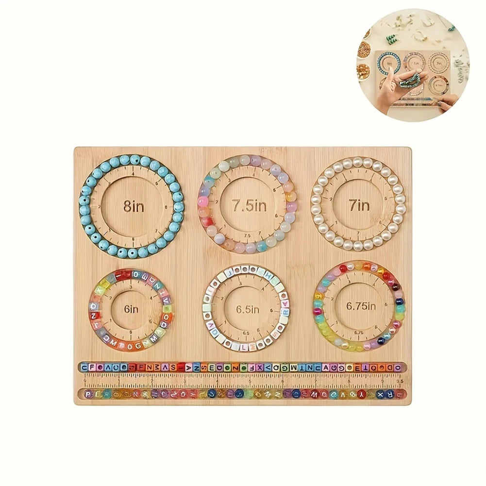 Wooden measuring beadboard with colorful rings and measurements on a white background