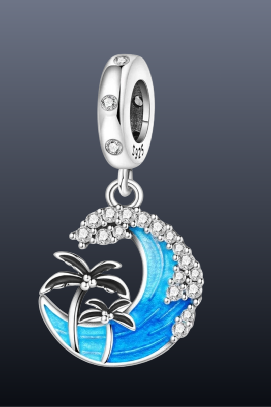 Palm Tree & Wave Charm | 925 Sterling Silver Beach Pendant | Tropical Bracelet & Necklace Gift