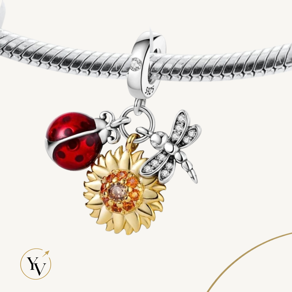 Ladybug, Sunflower & Dragonfly Charm | 925 Sterling Silver Nature Bead for Charm Bracelets
