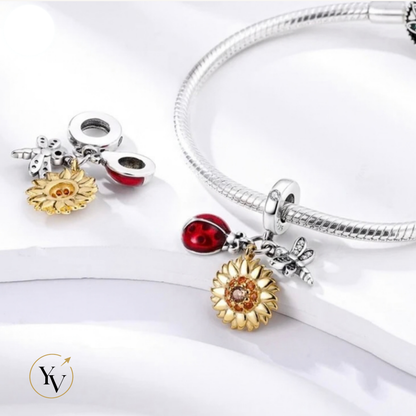 Ladybug, Sunflower & Dragonfly Charm | 925 Sterling Silver Nature Bead for Charm Bracelets