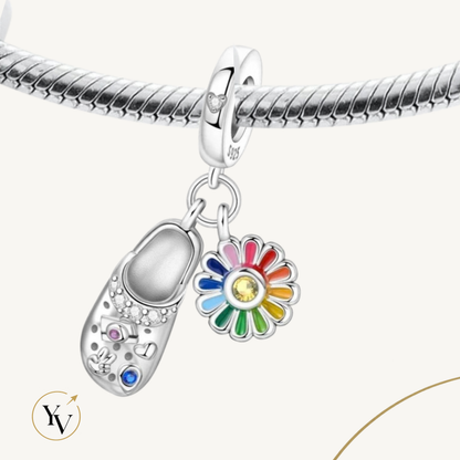 Dutch Wooden Clog & Flower Bead Fits Pandora Charm Bracelet, Blue Enamel Silver Shoe Travel Gift