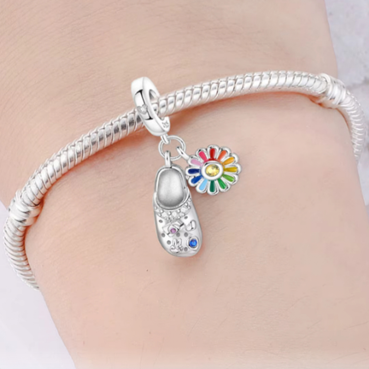 Dutch Wooden Clog & Flower Bead Fits Pandora Charm Bracelet, Blue Enamel Silver Shoe Travel Gift