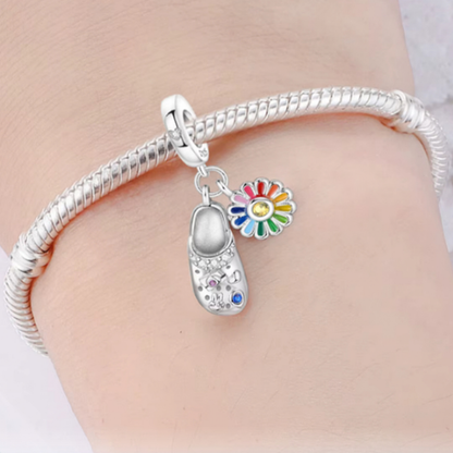 Dutch Wooden Clog & Flower Bead Fits Pandora Charm Bracelet, Blue Enamel Silver Shoe Travel Gift
