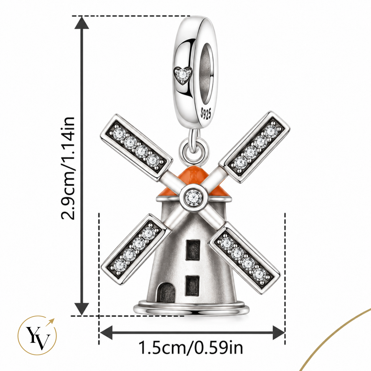 Silver windmill charm pendant with clear crystal accents and orange roof details, shown with dimension lines indicating 2.9cm height and 1.