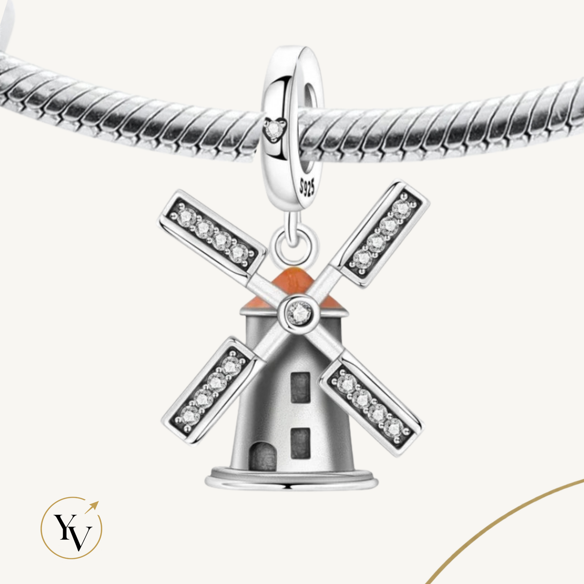 Dutch Windmill Charm Fits Pandora Bracelet | 925 Sterling Silver Netherlands Travel Dangle | Sparkling Jewelry