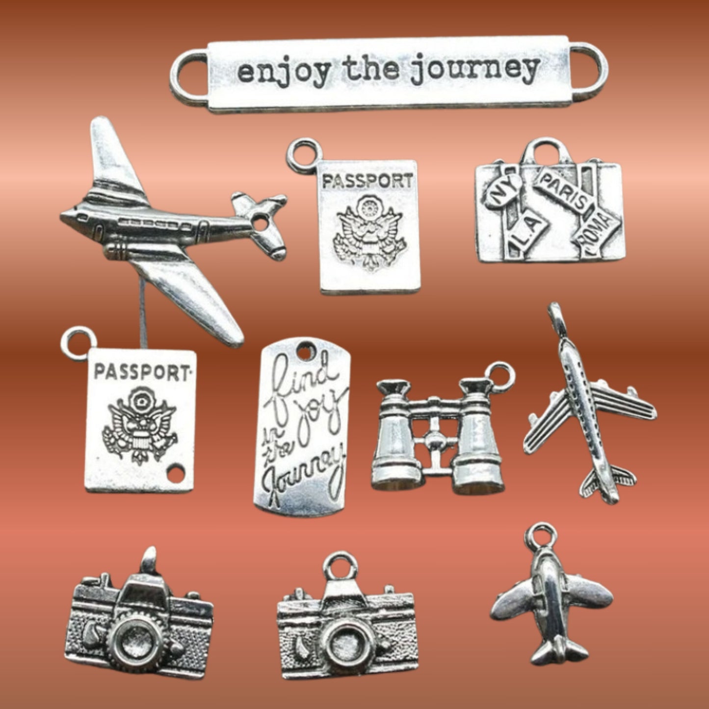 Travel Charms 10-Piece Set | Airplane, Camera, Passport & Suitcase Metal Charms | DIY Bracelet & Jewelry Making Supplies
