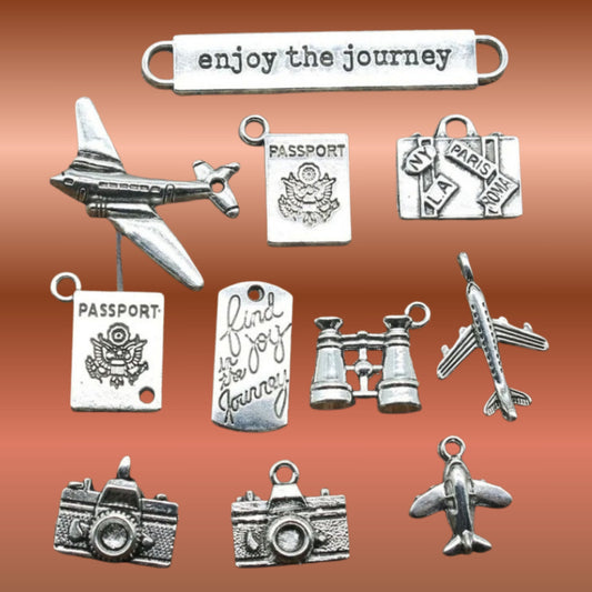 Travel Charms 10-Piece Set | Airplane, Camera, Passport & Suitcase Metal Charms | DIY Bracelet & Jewelry Making Supplies