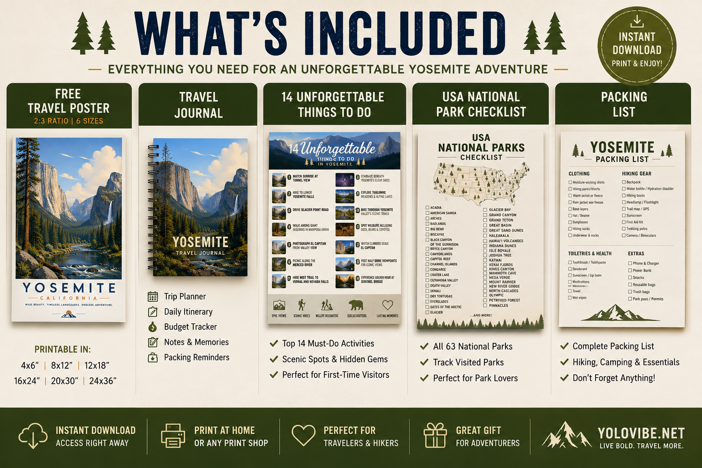 Ultimate Yosemite National Park Bundle | 14 Unforgettable Things To Do Guide, FREE Poster + Packing List + National Park Checklist + Travel Journal