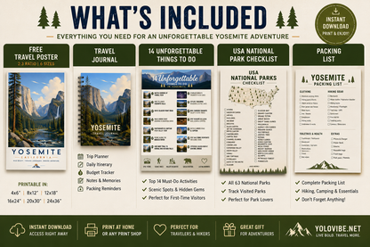 Ultimate Yosemite National Park Bundle | 14 Unforgettable Things To Do Guide, FREE Poster + Packing List + National Park Checklist + Travel Journal