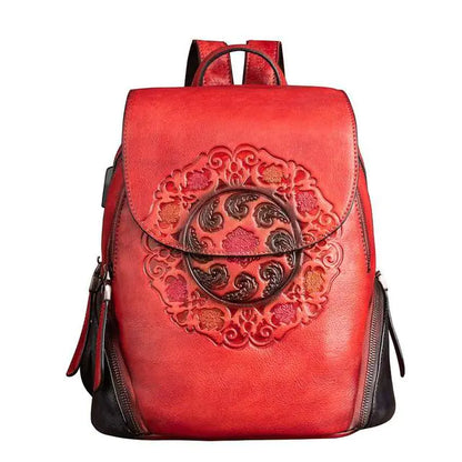 Vintage Handmade Floral Leather Backpack for Women