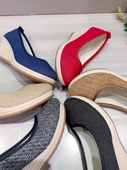 Bohemian Wedge Heel  Bohemian Breathable Fabric Wedge Heel Shoes | Women's Black & Natural Jute Mid-Heel Platform, TPR Sole for Autumn Casual & Semi-Formal Wear