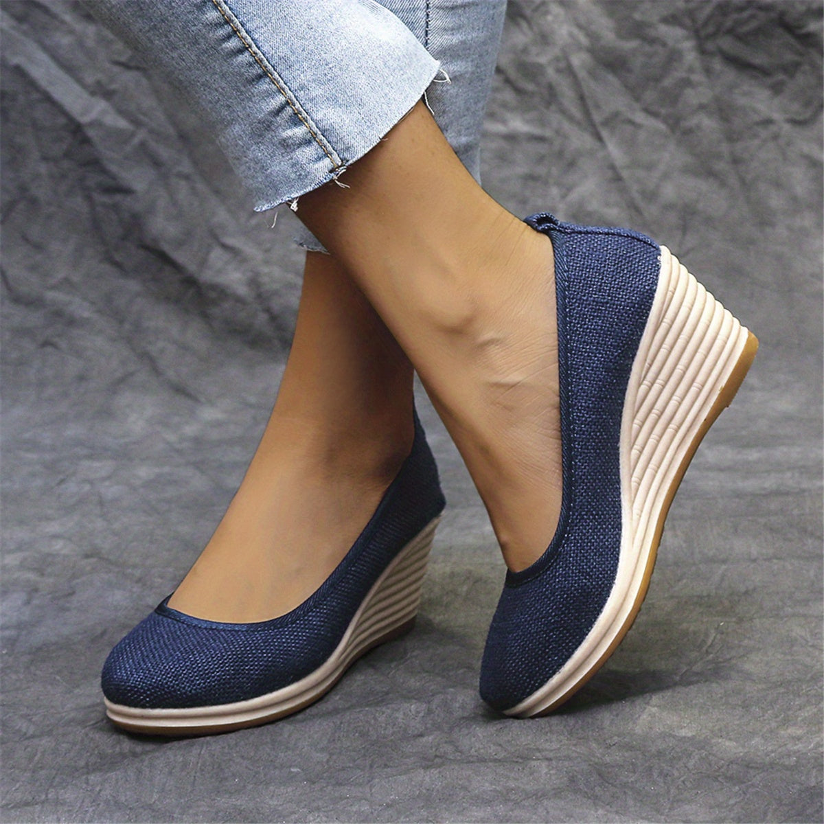 Bohemian Wedge Heel  Bohemian Breathable Fabric Wedge Heel Shoes | Women's Black & Natural Jute Mid-Heel Platform, TPR Sole for Autumn Casual & Semi-Formal Wear