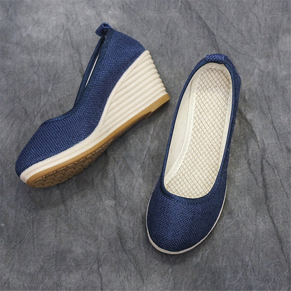 Bohemian Wedge Heel  Bohemian Breathable Fabric Wedge Heel Shoes | Women's Black & Natural Jute Mid-Heel Platform, TPR Sole for Autumn Casual & Semi-Formal Wear