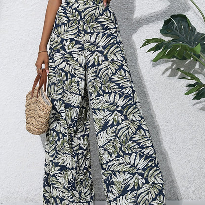 Bohemian Floral High Waist Elastic Waistband Women's Bohemian Floral Print Chiffon Wide-Leg Pants | Long Beach Trousers for Summer Vacation, Casual Elegant Style