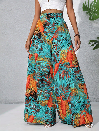 Bohemian Floral High Waist Elastic Waistband Women's Bohemian Floral Print Chiffon Wide-Leg Pants | Long Beach Trousers for Summer Vacation, Casual Elegant Style