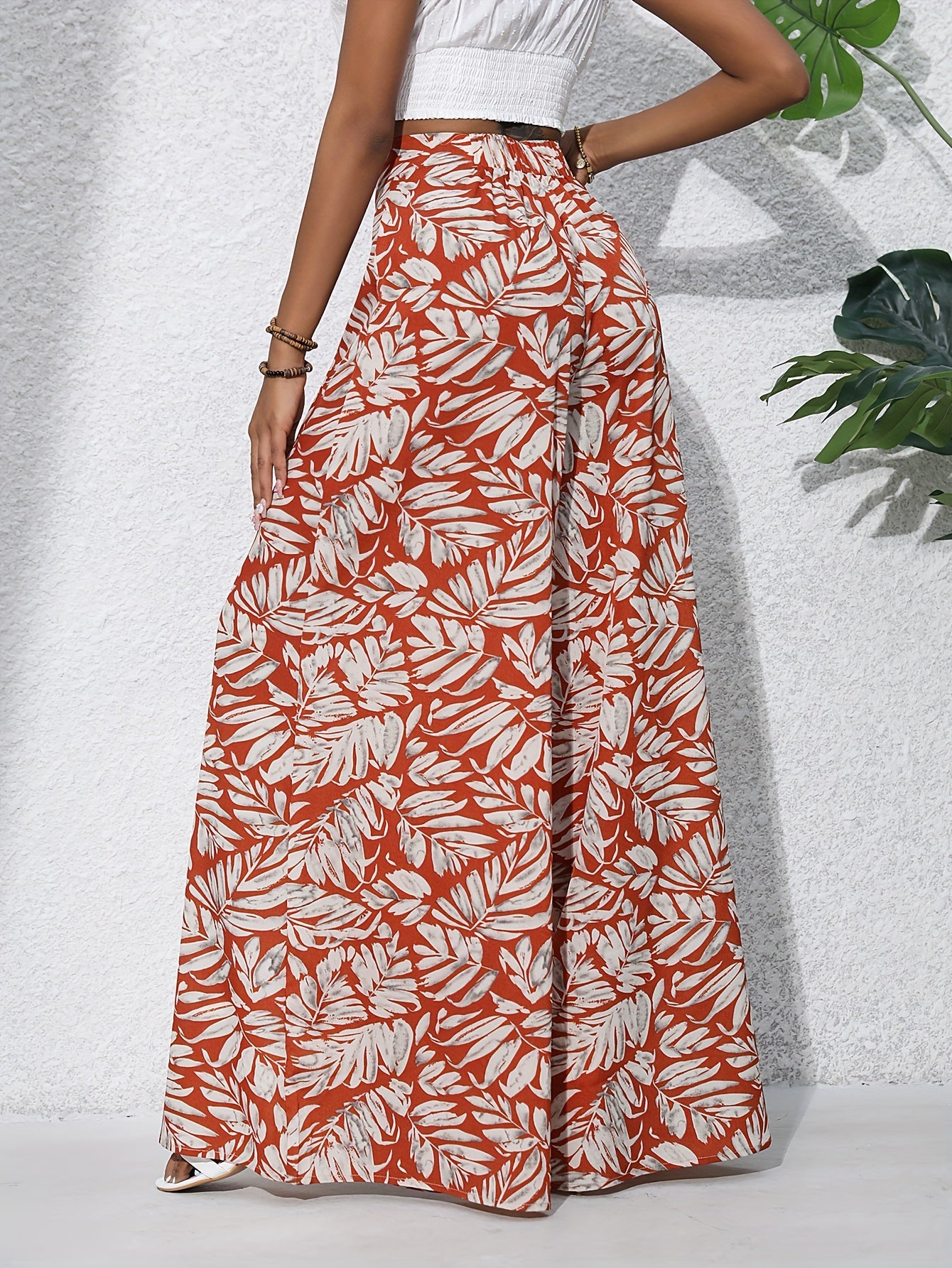 Bohemian Floral High Waist Elastic Waistband Women's Bohemian Floral Print Chiffon Wide-Leg Pants | Long Beach Trousers for Summer Vacation, Casual Elegant Style