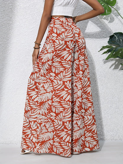 Bohemian Floral High Waist Elastic Waistband Women's Bohemian Floral Print Chiffon Wide-Leg Pants | Long Beach Trousers for Summer Vacation, Casual Elegant Style