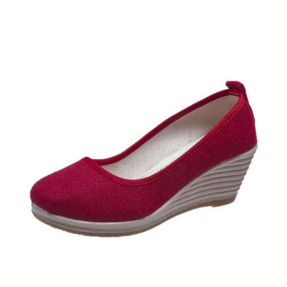 Bohemian Wedge Heel  Bohemian Breathable Fabric Wedge Heel Shoes | Women's Black & Natural Jute Mid-Heel Platform, TPR Sole for Autumn Casual & Semi-Formal Wear
