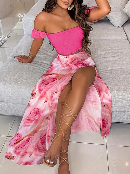 Slim-Fit French-Style Bohemian Digital Print Mid-Length Vintage Tube Top Skirt Set for Women