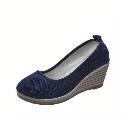 Bohemian Wedge Heel  Bohemian Breathable Fabric Wedge Heel Shoes | Women's Black & Natural Jute Mid-Heel Platform, TPR Sole for Autumn Casual & Semi-Formal Wear