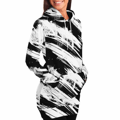 Fashion Longline Hoodie - #high-contrast#dynamic#graphic-design#expressive#gestural-abstraction#grunge#abstract#texture#black-and-white#brush-strokes
