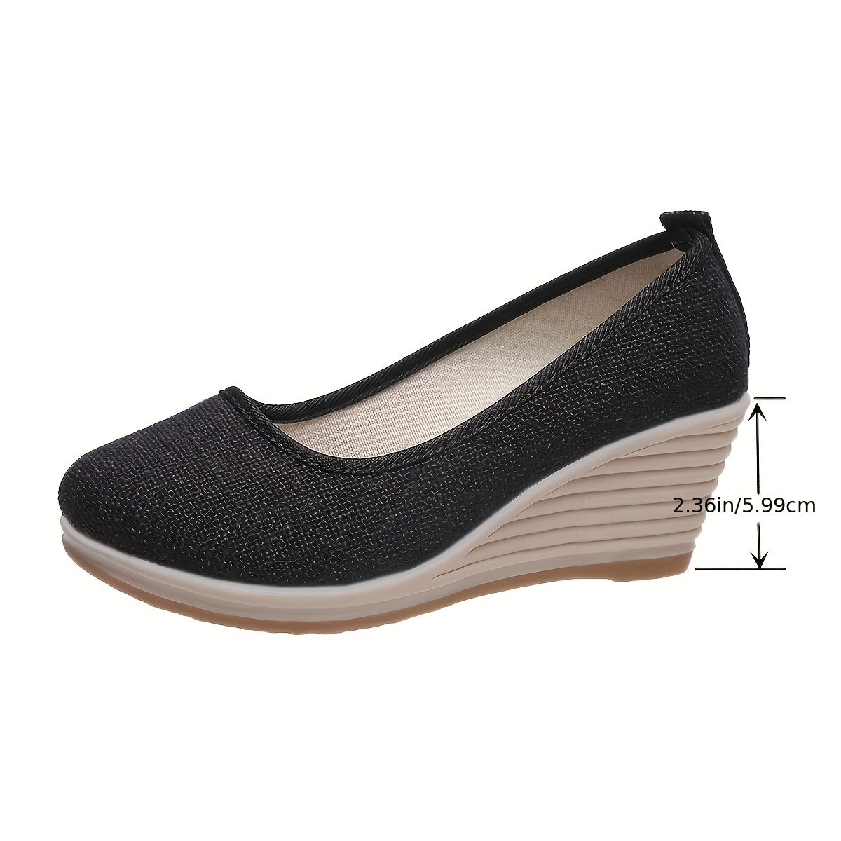 Bohemian Wedge Heel  Bohemian Breathable Fabric Wedge Heel Shoes | Women's Black & Natural Jute Mid-Heel Platform, TPR Sole for Autumn Casual & Semi-Formal Wear