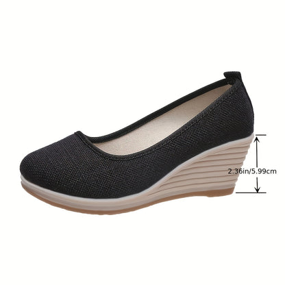 Bohemian Wedge Heel  Bohemian Breathable Fabric Wedge Heel Shoes | Women's Black & Natural Jute Mid-Heel Platform, TPR Sole for Autumn Casual & Semi-Formal Wear