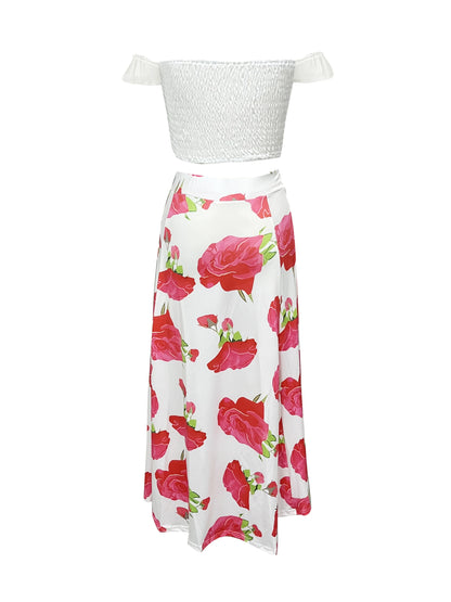 Slim-Fit French-Style Bohemian Digital Print Mid-Length Vintage Tube Top Skirt Set for Women
