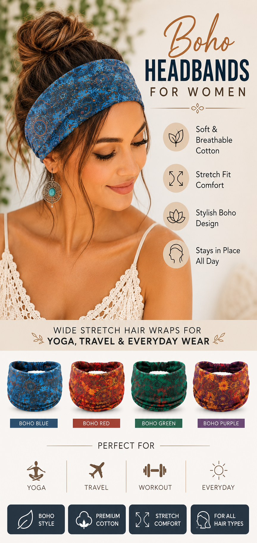 Boho Headbands for Women | Wide Knotted Stretch Hair Wraps for Yoga, Travel & Everyday Wear