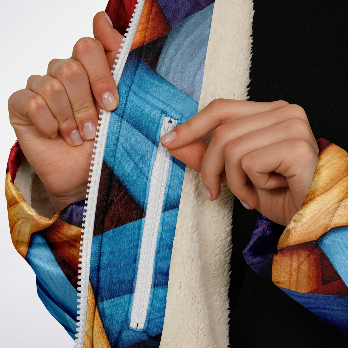 Zipper Cloak – Bold Blue & Red Weave Pattern, Creative Boho Hooded Wrap