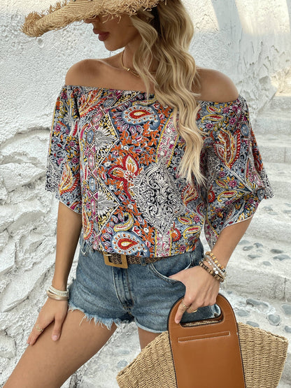 Bohemian Paisley Off-Shoulder Blouse - Lightweight with Statement Flare Sleeves - Perfect for Spring & Summer Outings