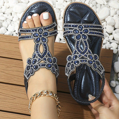 Women's Rhinestone Bohemian Wedge Sandals with Dress Shoe - Wide Width Summer Slippers, Thick Platform Heel &  Upper/Cushioning - Sparkling Party Shoes for Weddings, Beach, Prom (Hand Washable)