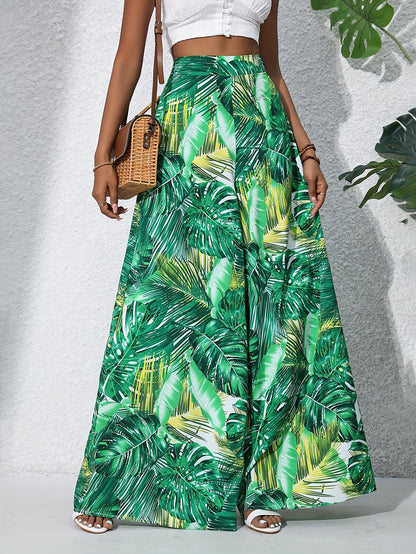Bohemian Floral High Waist Elastic Waistband Women's Bohemian Floral Print Chiffon Wide-Leg Pants | Long Beach Trousers for Summer Vacation, Casual Elegant Style