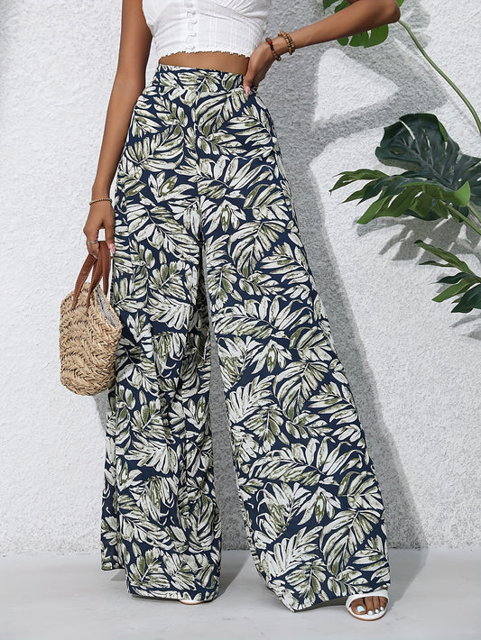 Bohemian Floral High Waist Elastic Waistband Women's Bohemian Floral Print Chiffon Wide-Leg Pants | Long Beach Trousers for Summer Vacation, Casual Elegant Style