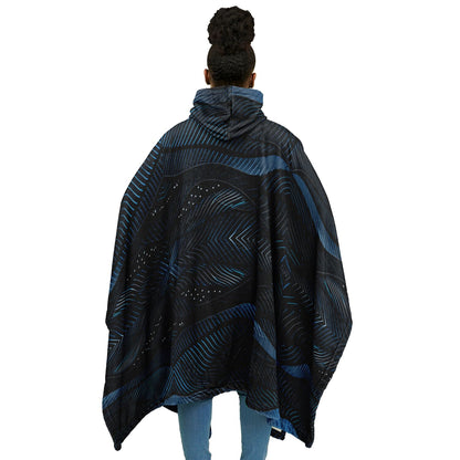 Flannel Blanket Poncho – Abstract Blue Wave Art, Modern Cozy Wrap with Flow & Depth