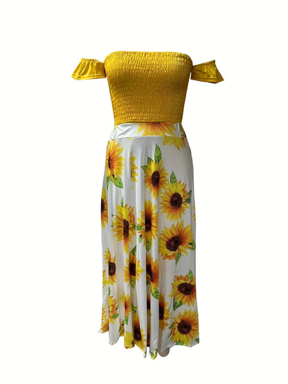 Slim-Fit French-Style Bohemian Digital Print Mid-Length Vintage Tube Top Skirt Set for Women