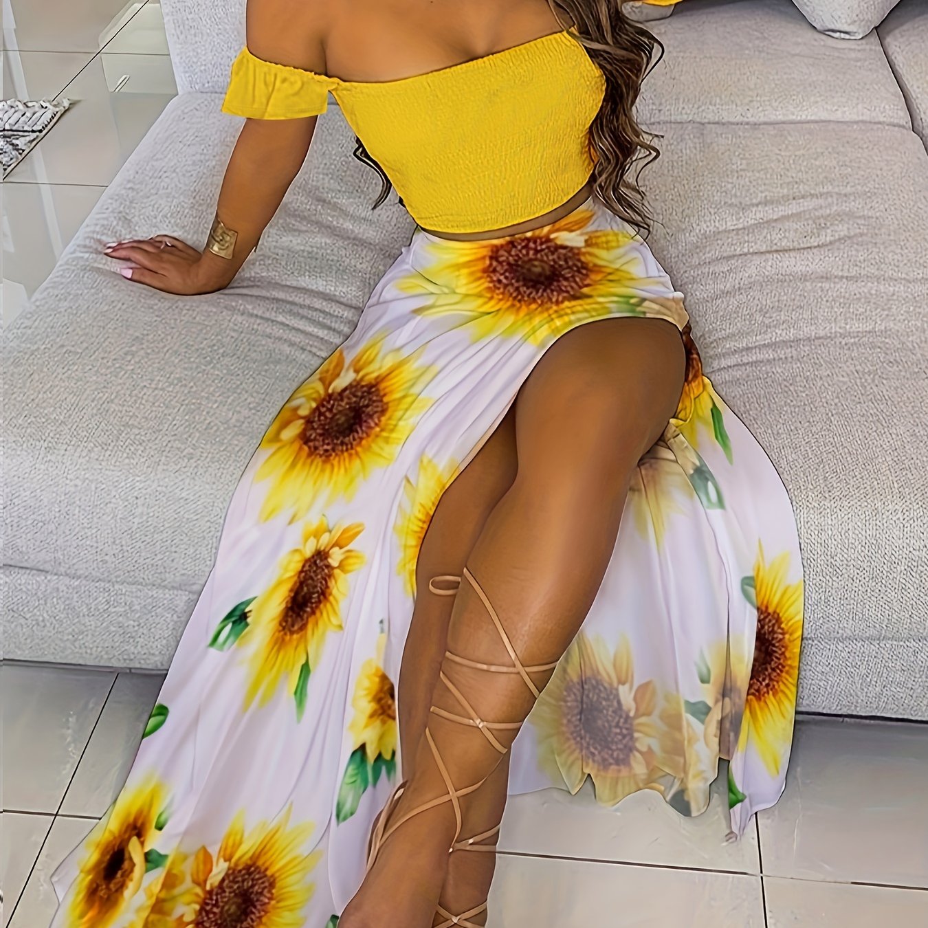 Slim-Fit French-Style Bohemian Digital Print Mid-Length Vintage Tube Top Skirt Set for Women