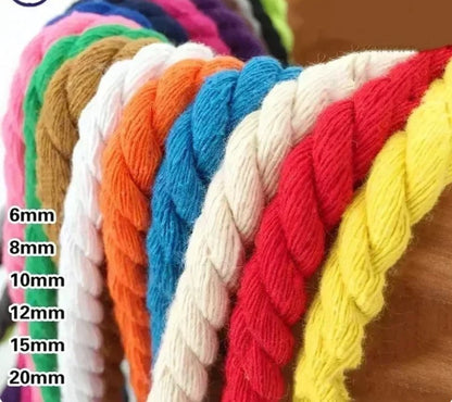 A close-up of twisted macrame yarn or rope cords in multiple colors, including pink, green, tan, white, orange, blue, cream, red, and yellow, arranged in a fan shape. Black text on the left lists sizes: 6mm, 8mm, 10mm, 12mm, 15mm, 18mm, 20mm.