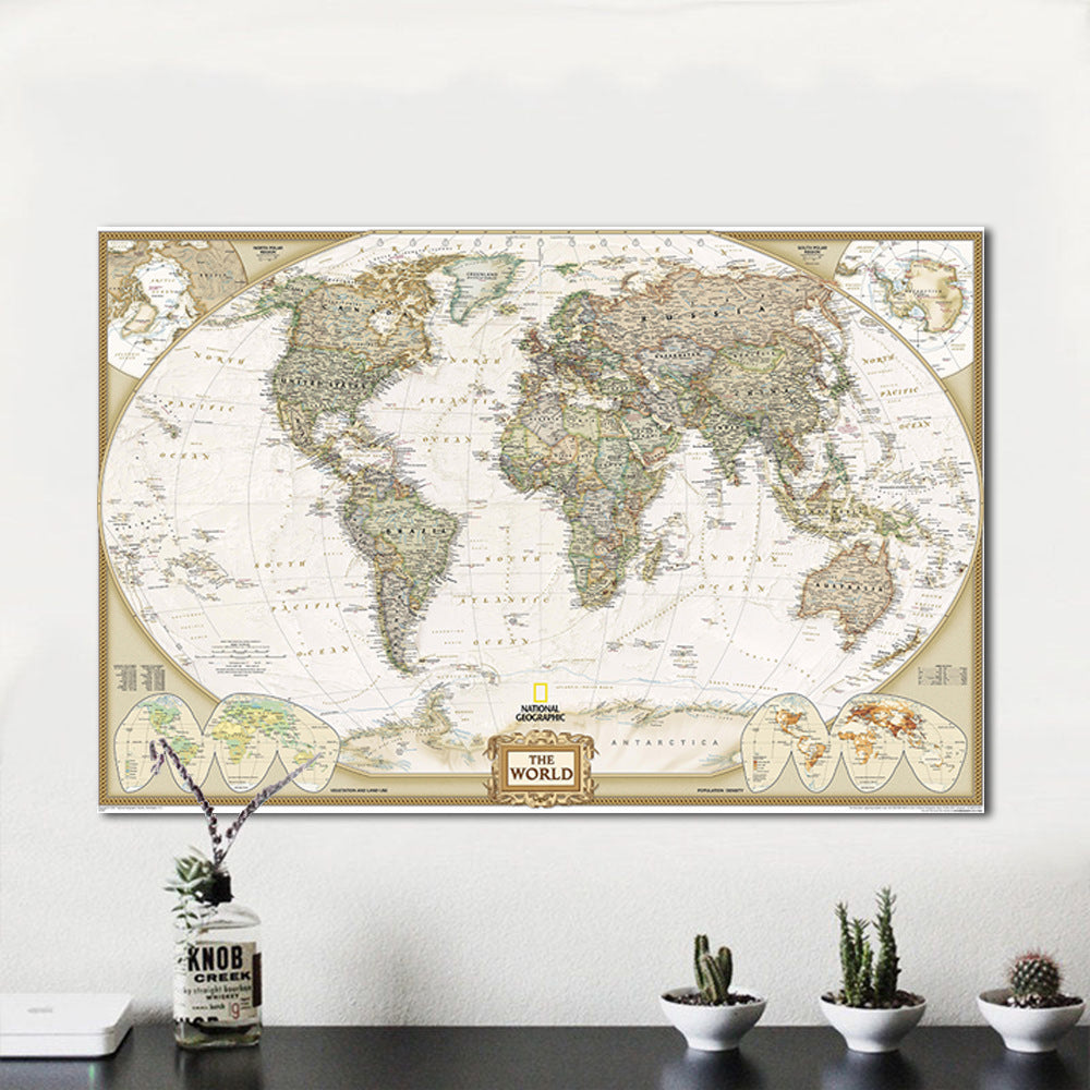 Vintage World Map Wall Art Print | Antique Atlas Canvas Decor for Living Room, Office & Study | Travel-Inspired World Map Artwork