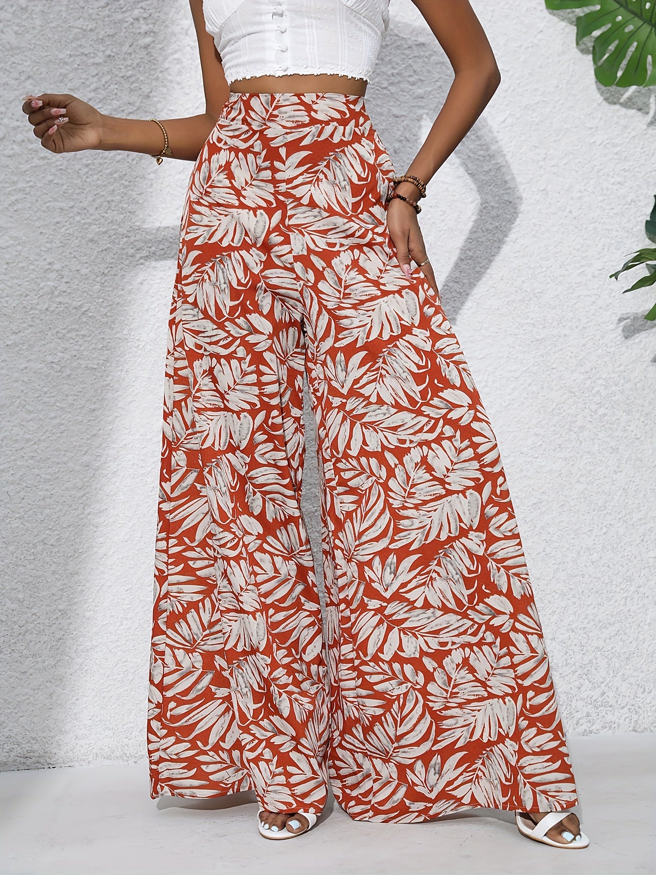 Bohemian Floral High Waist Elastic Waistband Women's Bohemian Floral Print Chiffon Wide-Leg Pants | Long Beach Trousers for Summer Vacation, Casual Elegant Style