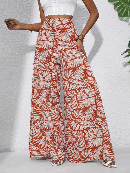 Bohemian Floral High Waist Elastic Waistband Women's Bohemian Floral Print Chiffon Wide-Leg Pants | Long Beach Trousers for Summer Vacation, Casual Elegant Style